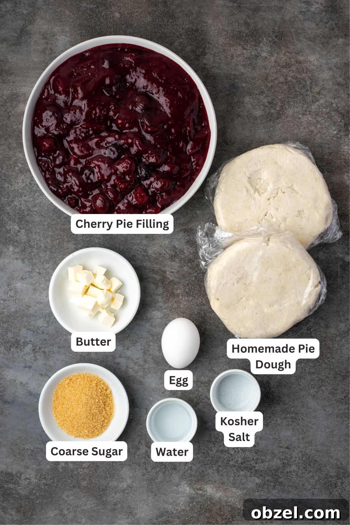 Cherry pie ingredients for a homemade cherry pie recipe. Ingredients for cherry pie with text labels overlaying each ingredient.