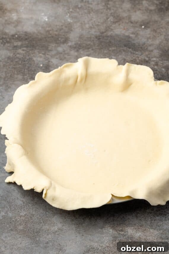 Pie dough pressed into a pie plate. Rolled out pie dough pressed into a pie plate.