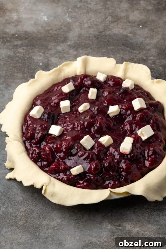 Cherry pie filling topped with butter before baking. Butter cubes scattered over top of cherry pie filling inside the crust.