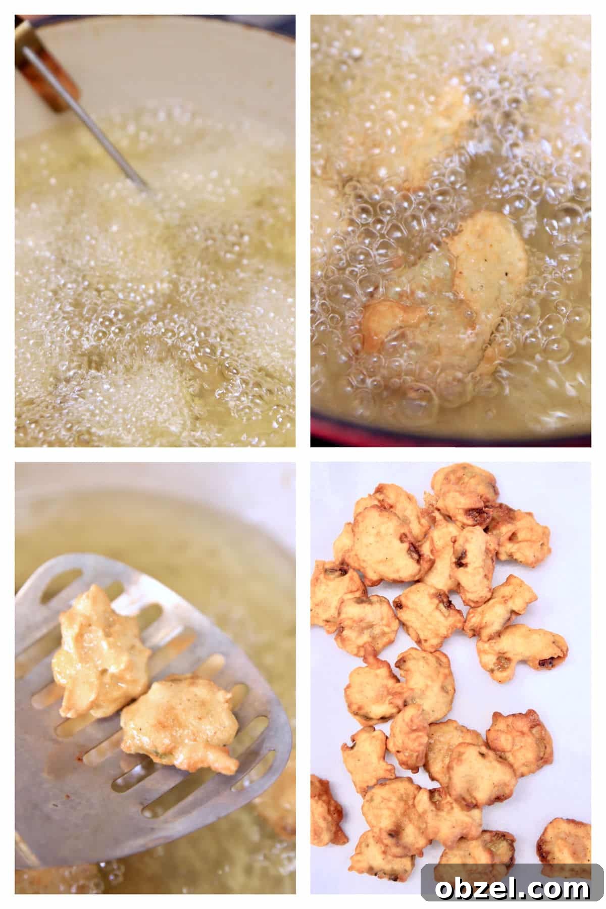 Frying bread and butter pickles for double cheeseburgers. Collage frying battered pickles.