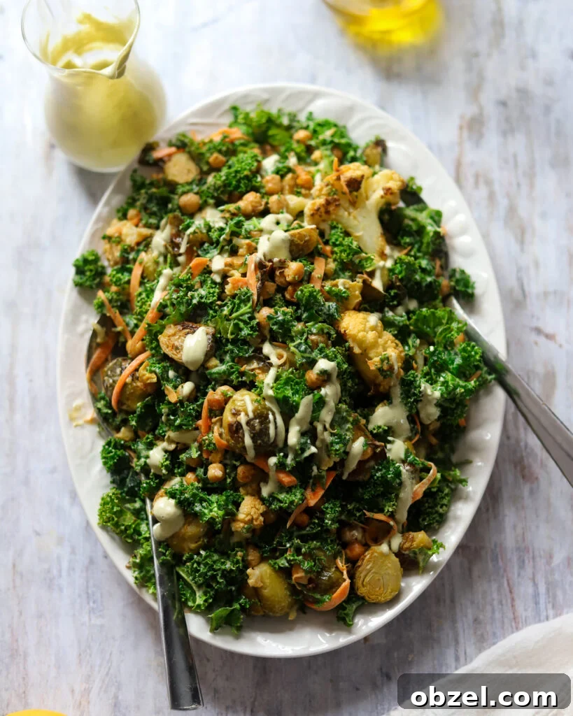 overhead view of superfood kale salad with roasted vegetables and chickpeas