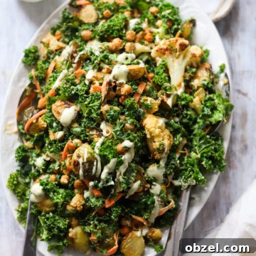 overhead view of kale salad with roasted Vega and chickpeas