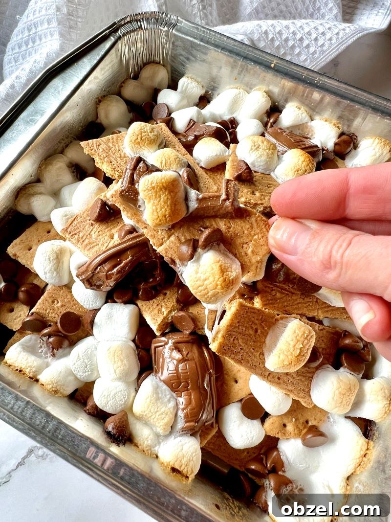 S'mores Nachos Recipe for Grill, Campfire, or Oven 6 Close up of gooey s'mores