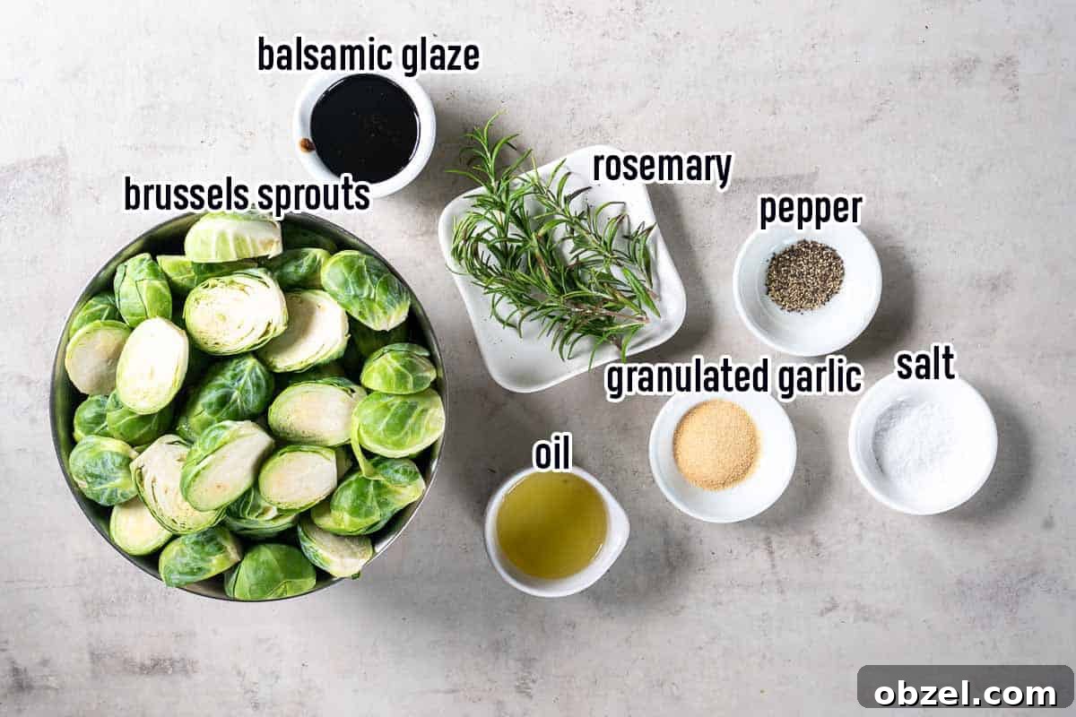 Brussels sprouts, rosemary sprigs, balsamic glaze and other ingredients in bowls with text overlay.