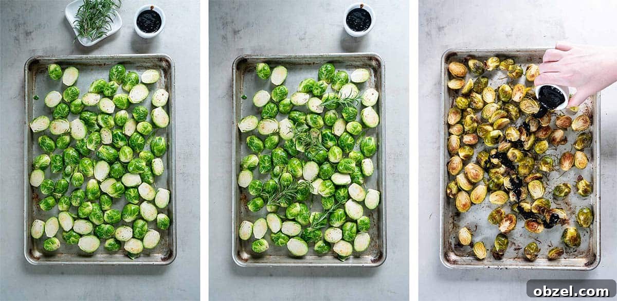 Three images of brussels sprouts on a baking sheet with rosemary and balsamic glaze.