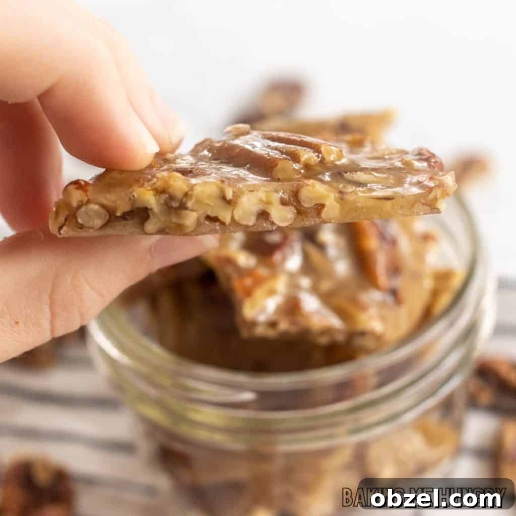 Old Fashioned Pecan Brittle Recipe 12 hand holding a piece of the pecan brittle