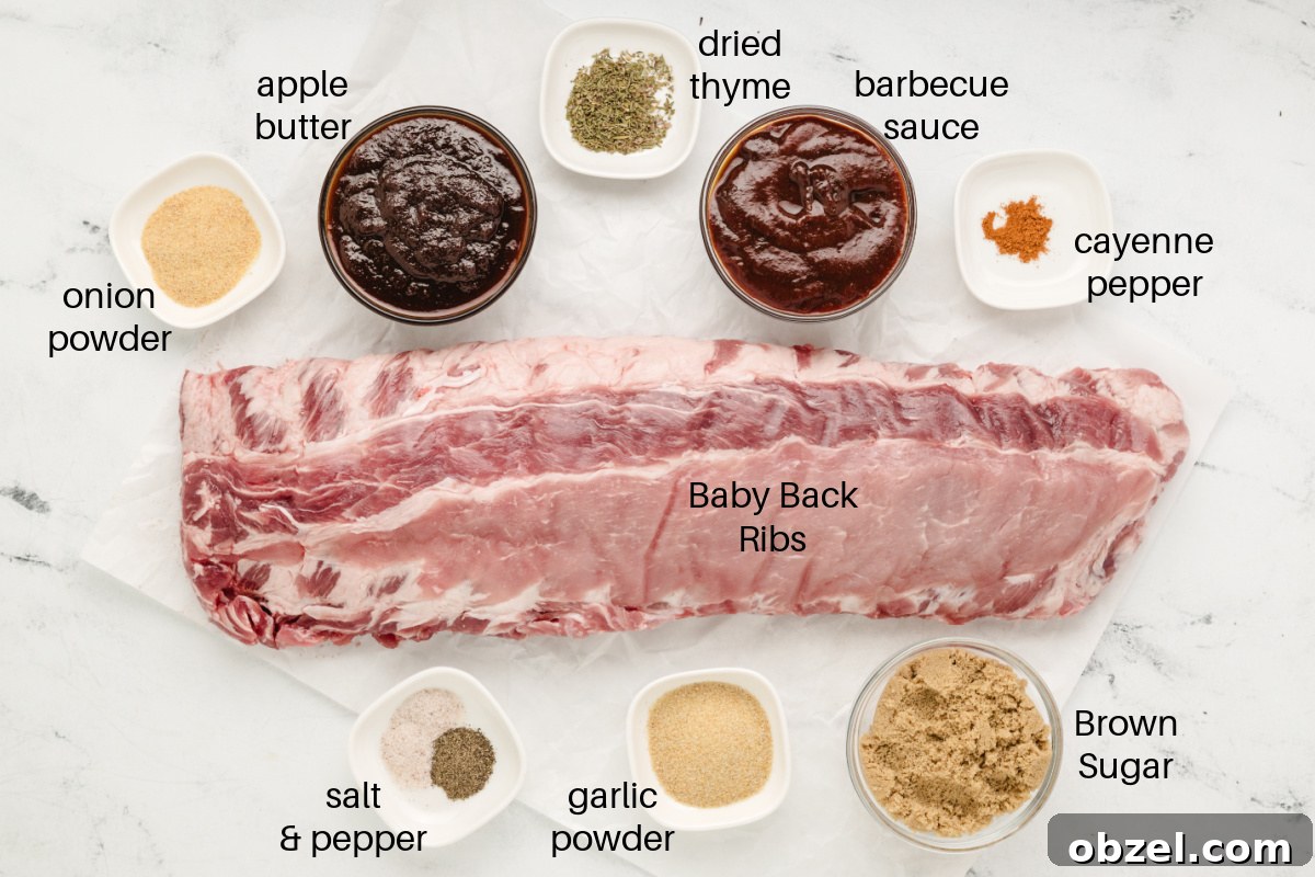 Juicy Slow Cooker Baby Back Ribs Recipe 3 ingredients displayed for making slow cooker baby back ribs