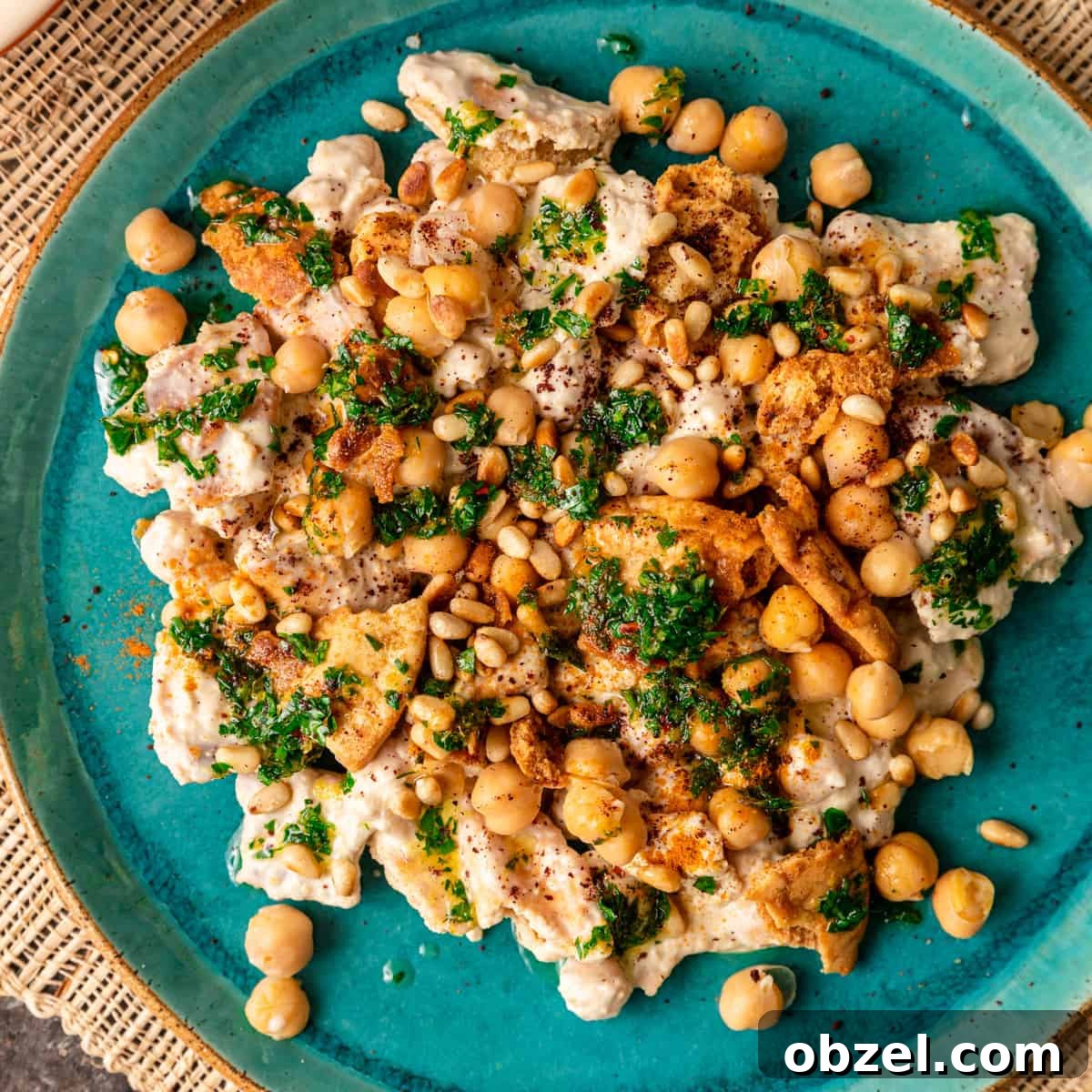 Fatteh with Crispy Pita Hummus and Yogurt 2 overhead: dish of levantine fatteh