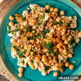 Fatteh with Crispy Pita Hummus and Yogurt 13 overhead: dish of levantine fatteh