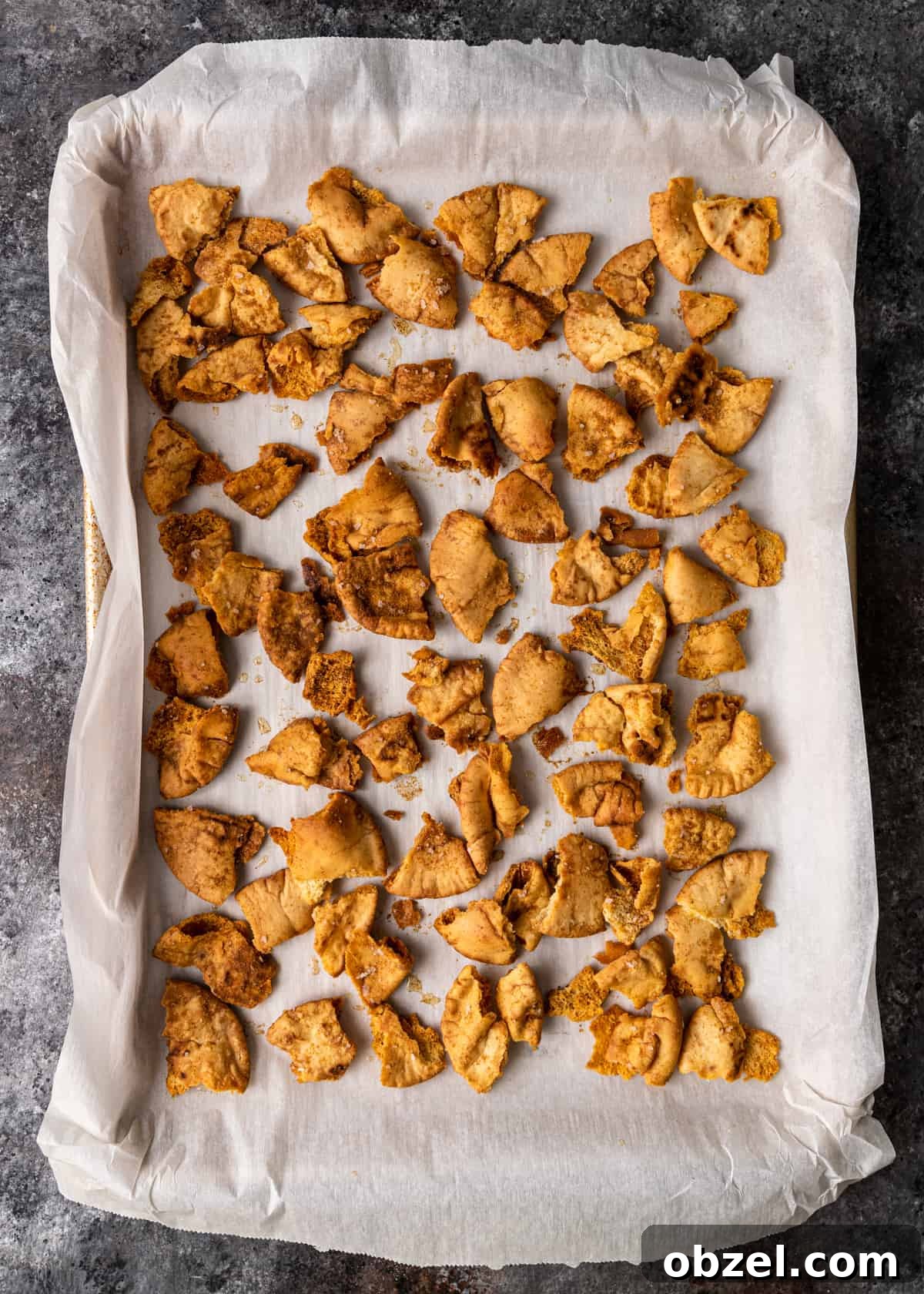 Fatteh with Crispy Pita Hummus and Yogurt 9 overhead process shot: pieces of crispy pita on parchment lined baking sheet