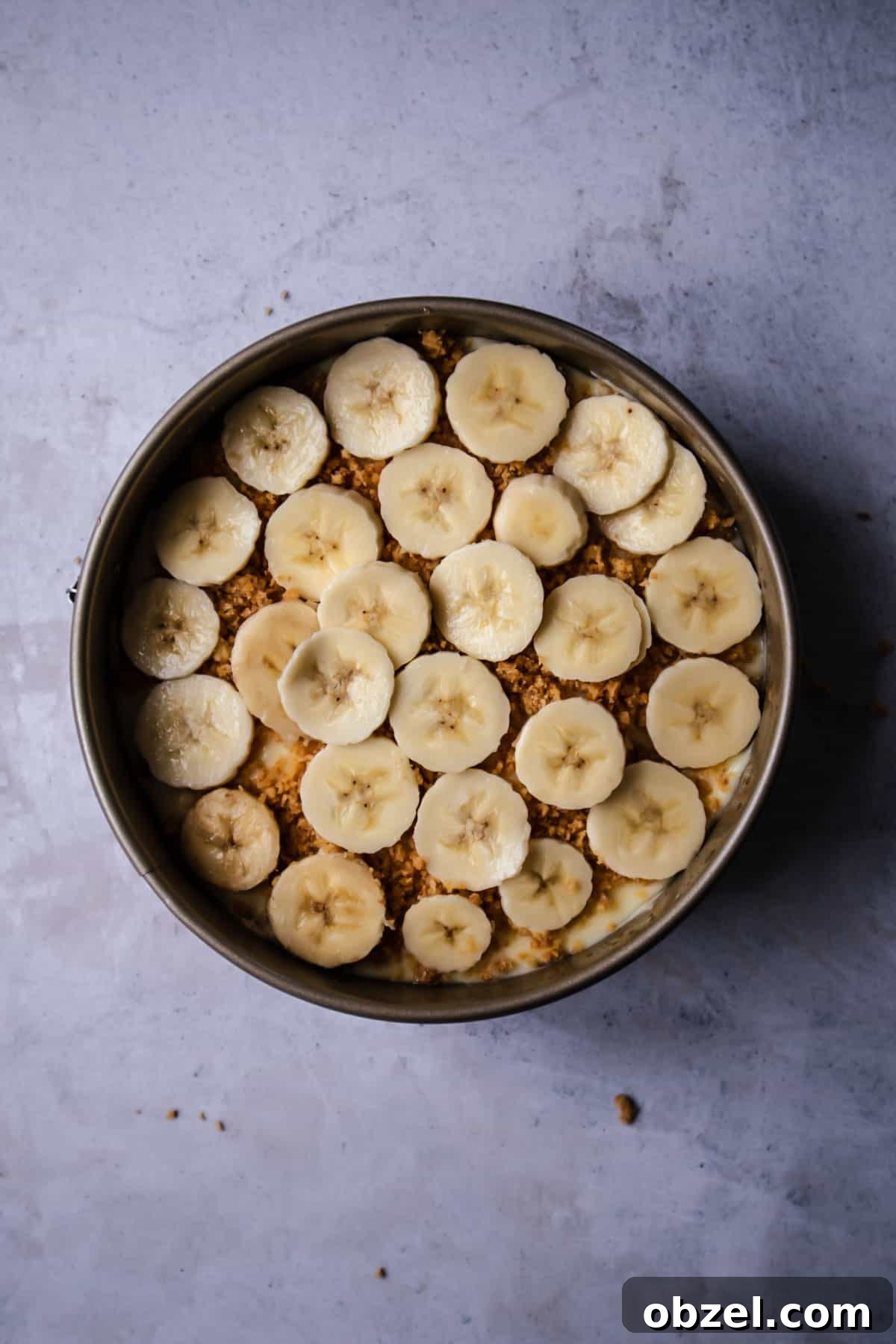 Banoffee Cream Pie with Dulce de Leche and Bananas 8 the second layer of bananas on top of graham cracker crumbs on a banofee pie