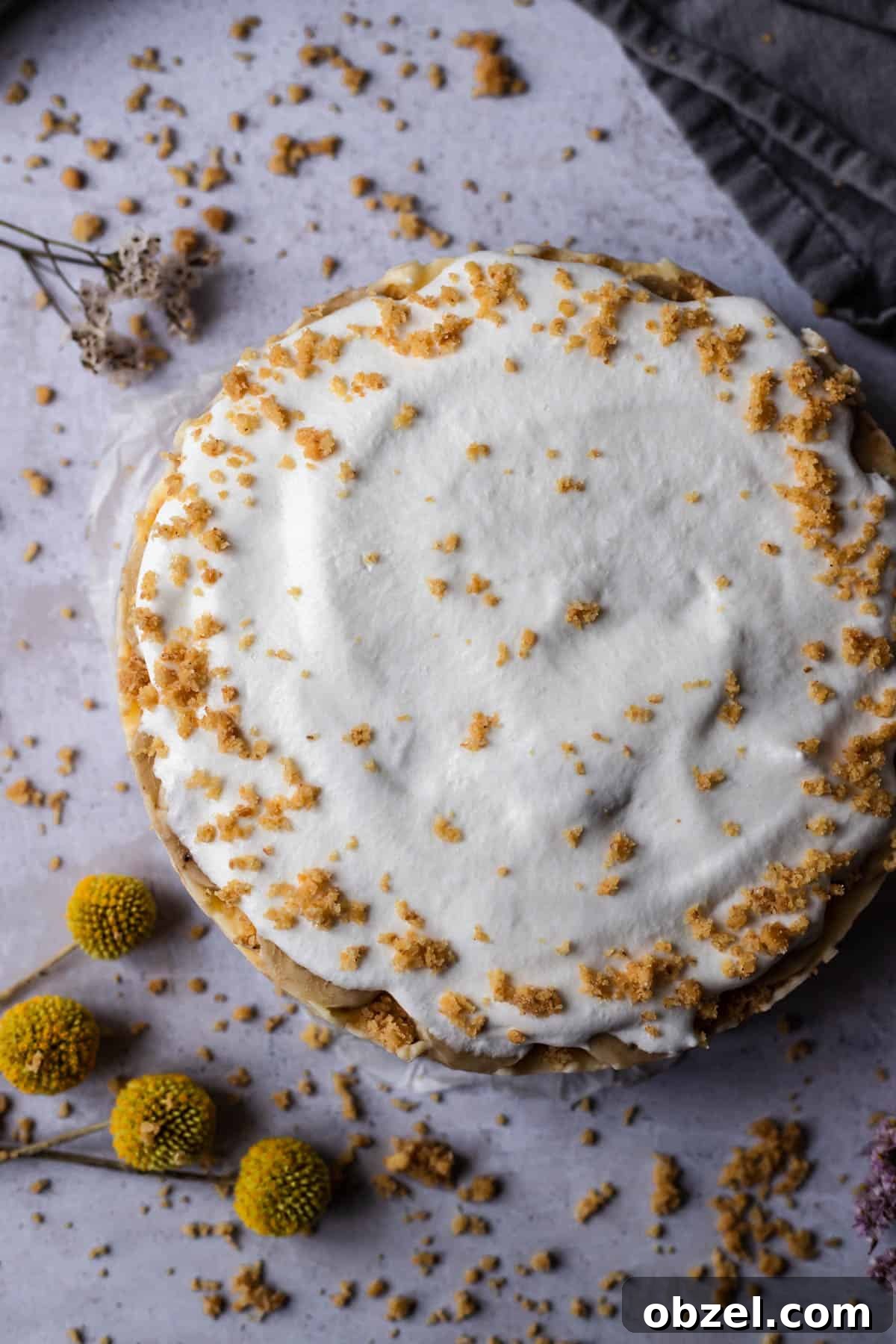Banoffee Cream Pie with Dulce de Leche and Bananas 9 overhead image of a full banoffee pie topped with extra graham cracker crumbs