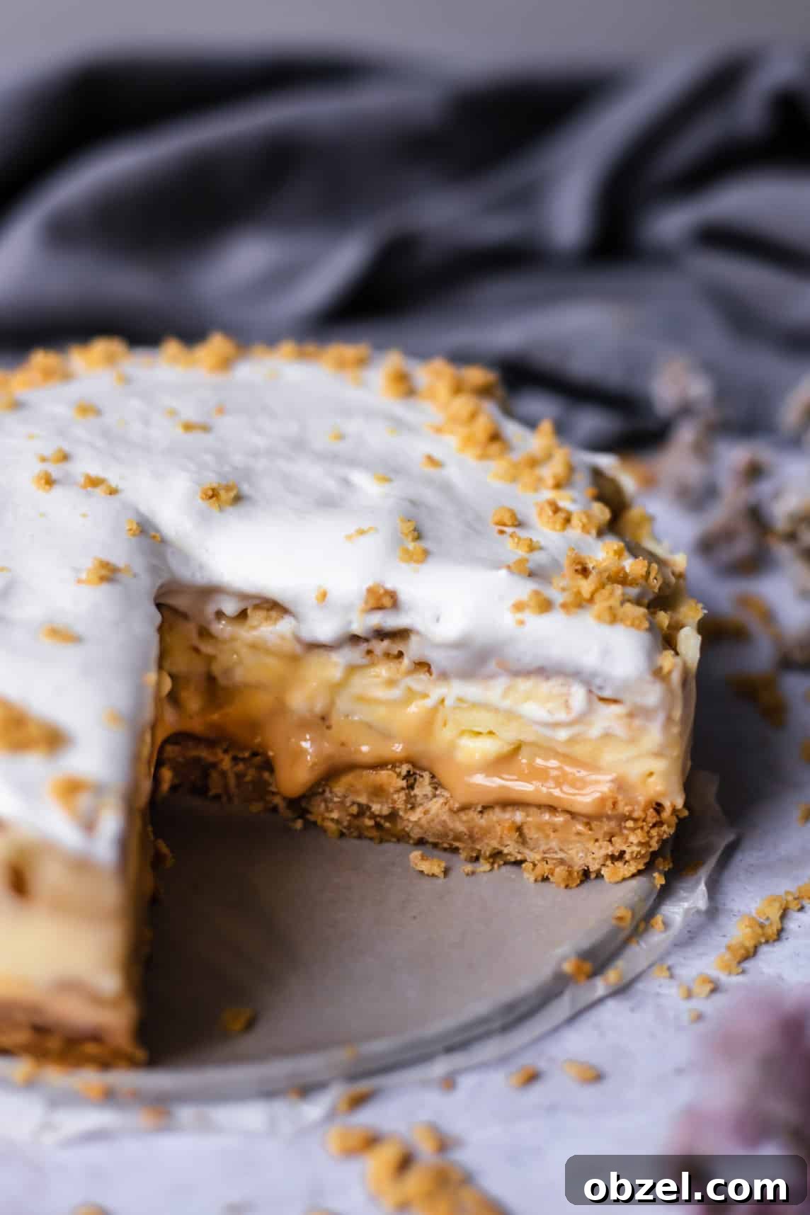Banoffee Cream Pie with Dulce de Leche and Bananas 10 side view of a banoffee pie with a slice cut out showing the layers of crust, dulce de leche, pudding, and cream