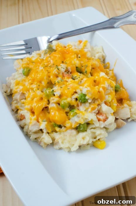 Slow Cooker Chicken and Orzo Casserole 3 Chicken orzo casserole on a white plate with a fork