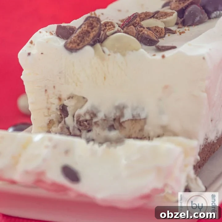 A square photo of an ice cream cake with chocolate gingerbread nuts. A slice cut off.