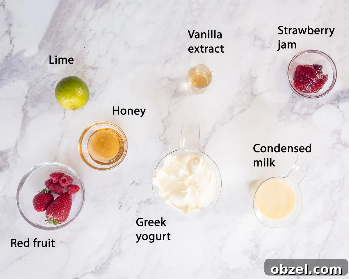 Homemade Berry Frozen Yogurt 3 Ingredients Frozen Yogurt with Berries with white marble background and text description