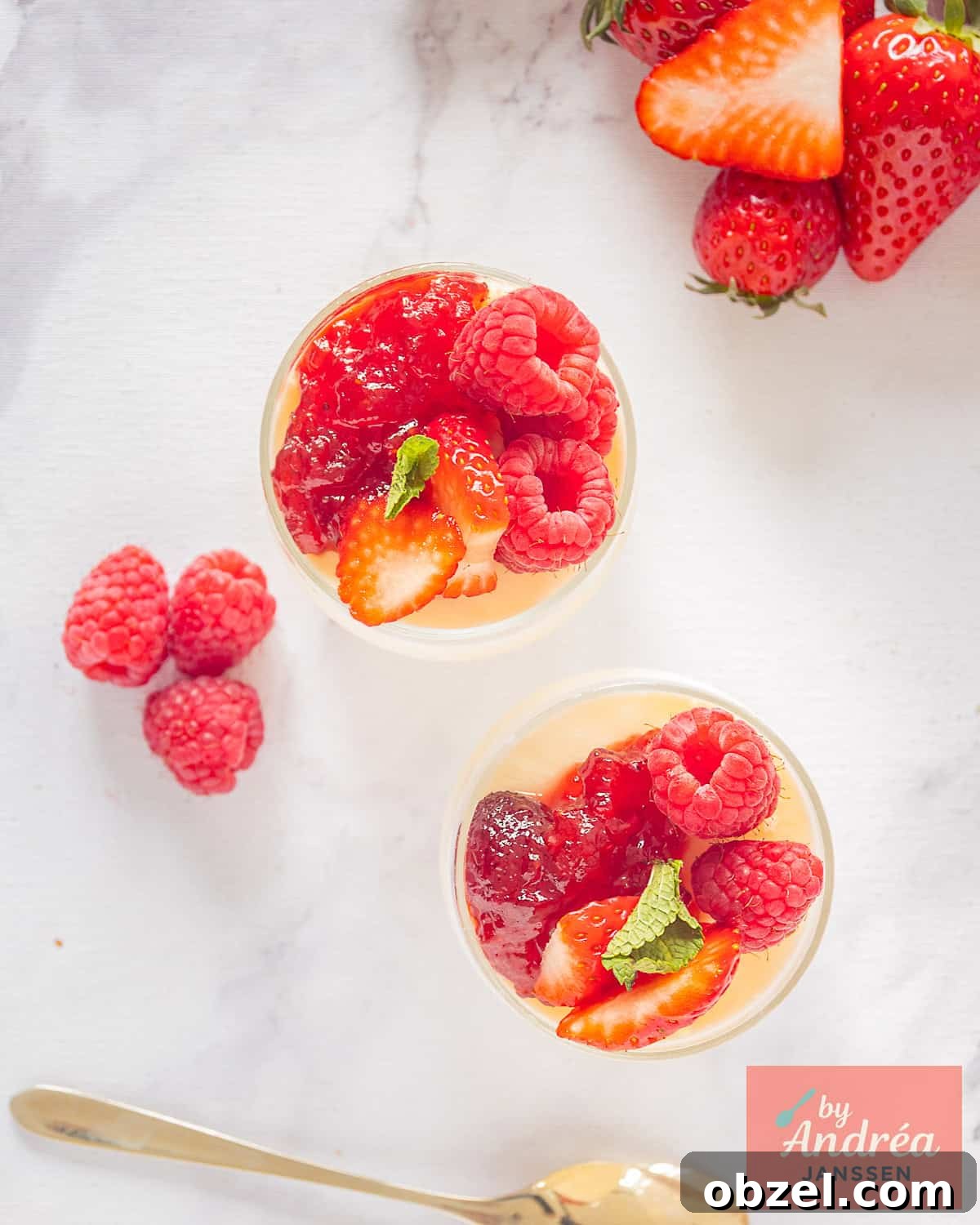 Homemade Berry Frozen Yogurt 8 A photo from above of two small glasses with frozen yogurt ice cream, jam, and red fruit.