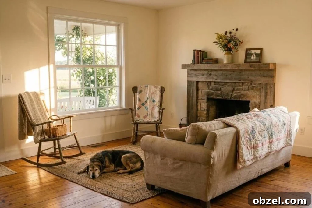 How to Organize Your Home to Reduce Decision Fatigue 2 farmhouse living room with stone fireplace, rocking chairs, sofa, dog, and large windows.