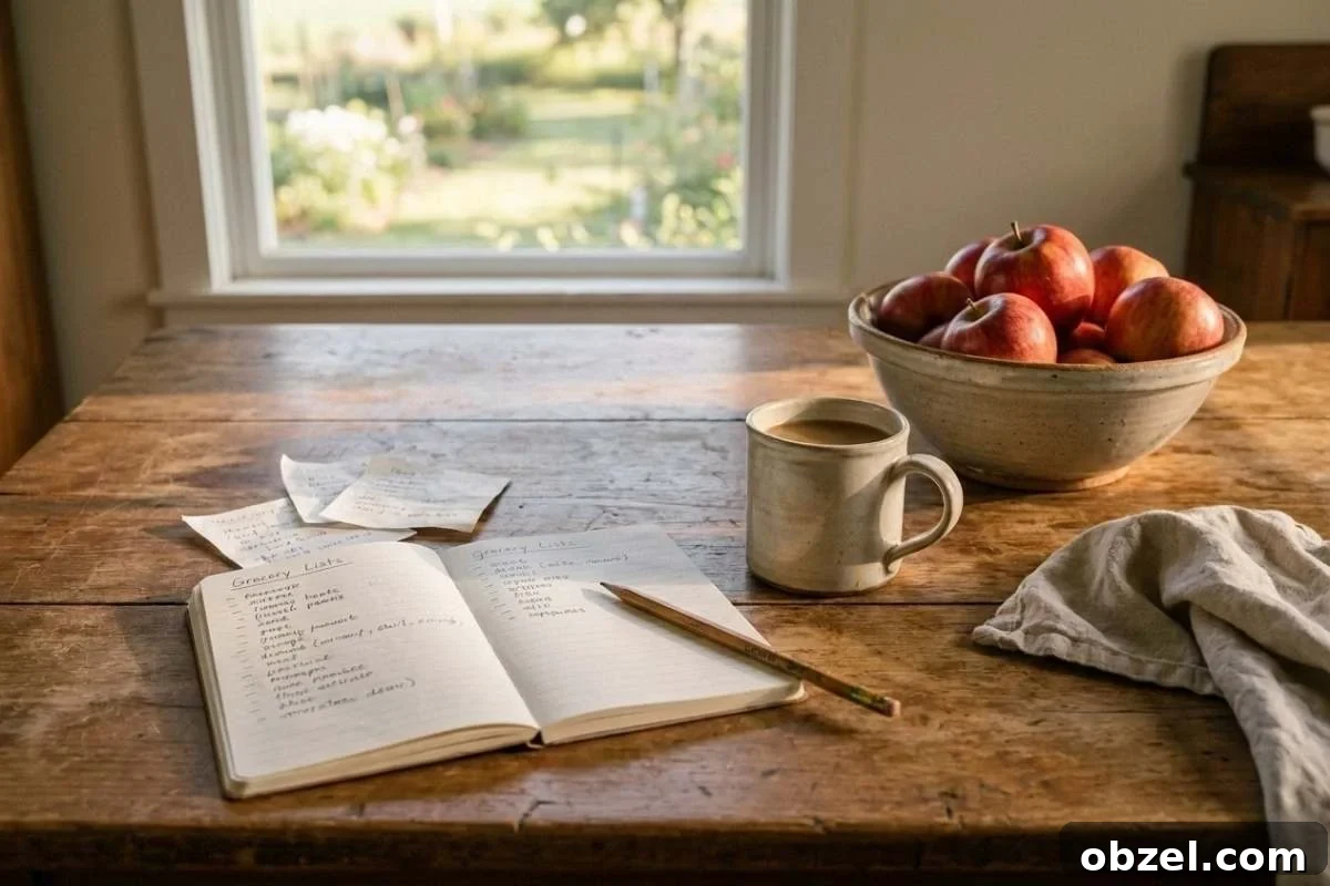 How to Organize Your Home to Reduce Decision Fatigue 3 wooden table with bowl of apples, coffee mug, and handwritten notes near a window.