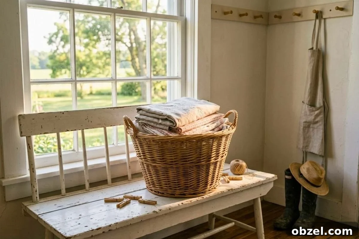 How to Organize Your Home to Reduce Decision Fatigue 4 white bench with wicker basket of folded blankets near a window in a laundry room.