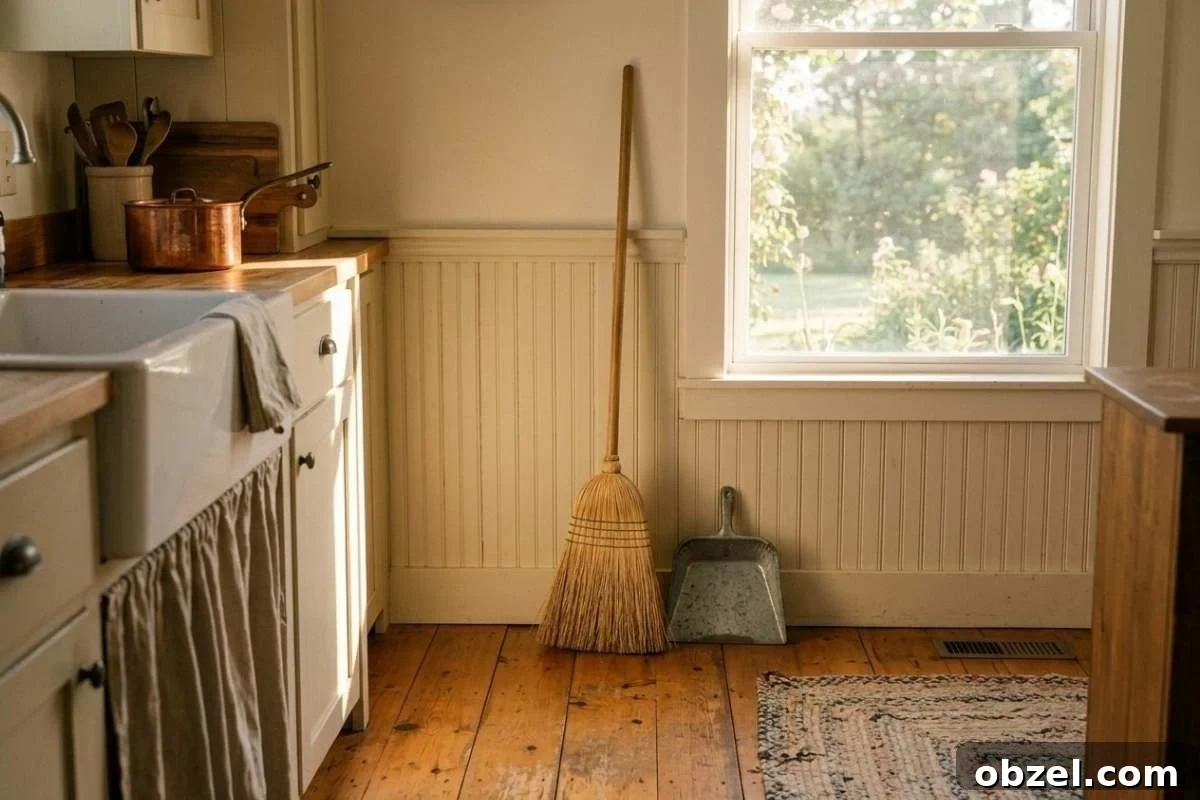 How to Organize Your Home to Reduce Decision Fatigue 5 farmhouse kitchen sink with broom, dustpan, and copper pots on counter near a window.