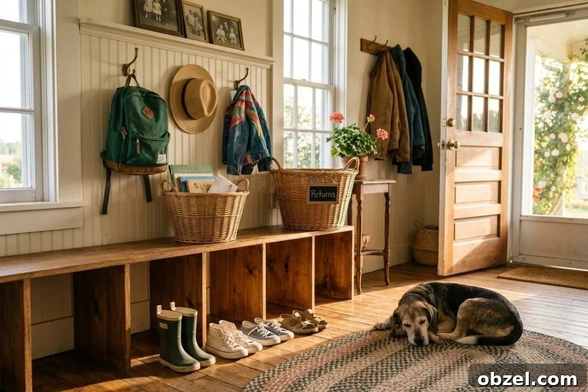 How to Organize Your Home to Reduce Decision Fatigue 6 farmhouse mudroom with wooden cubbies, baskets, and a dog resting on a rug.