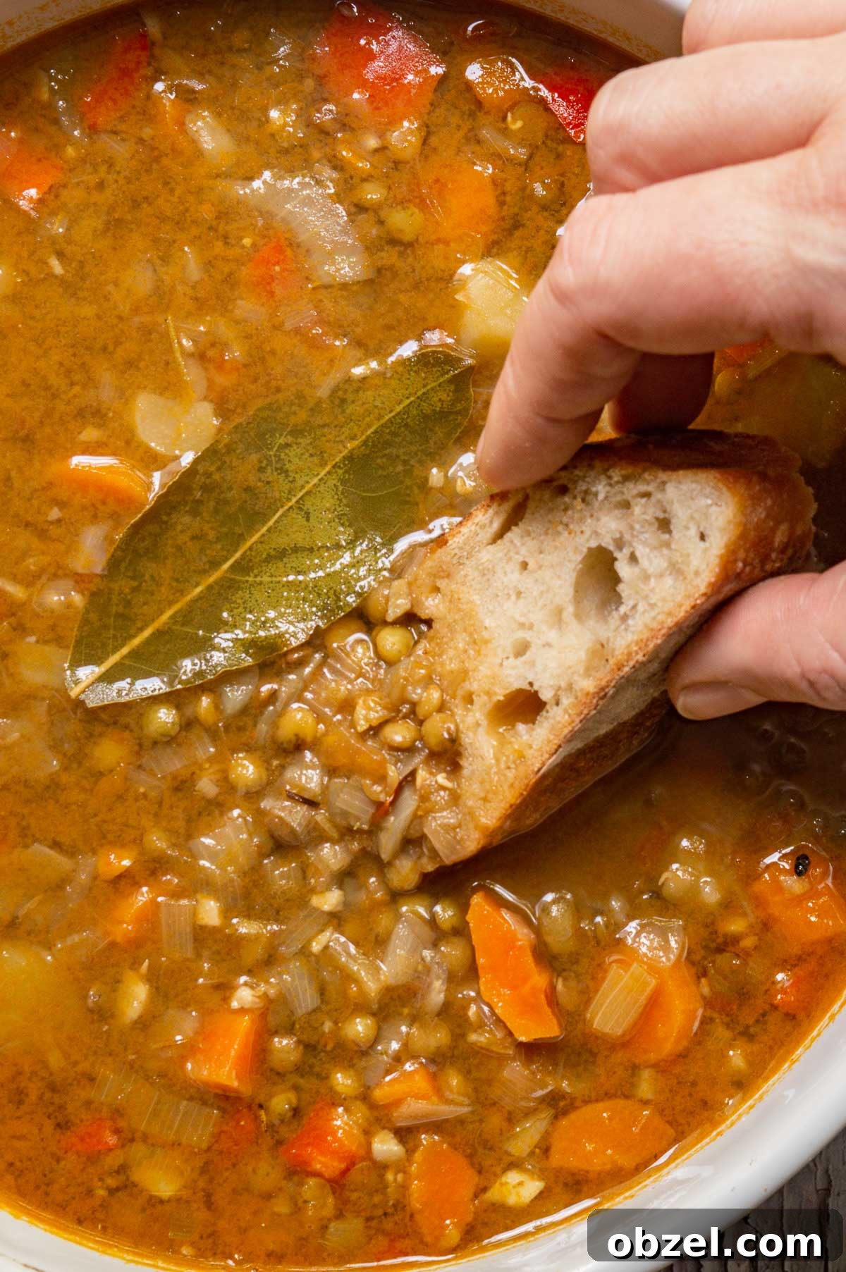 Traditional Spanish Lentil Stew with Chorizo 11 A hand dipping a slice of baguette into a brown lentil and vegetable stew with a bay leaf on top.