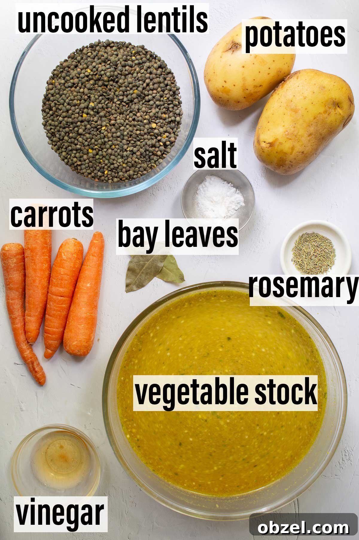 Traditional Spanish Lentil Stew with Chorizo 4 Labelled stew ingredients including uncooked lentils, potatoes, salt, carrots, bay leaves, rosemary, vegetable stock and vinegar.