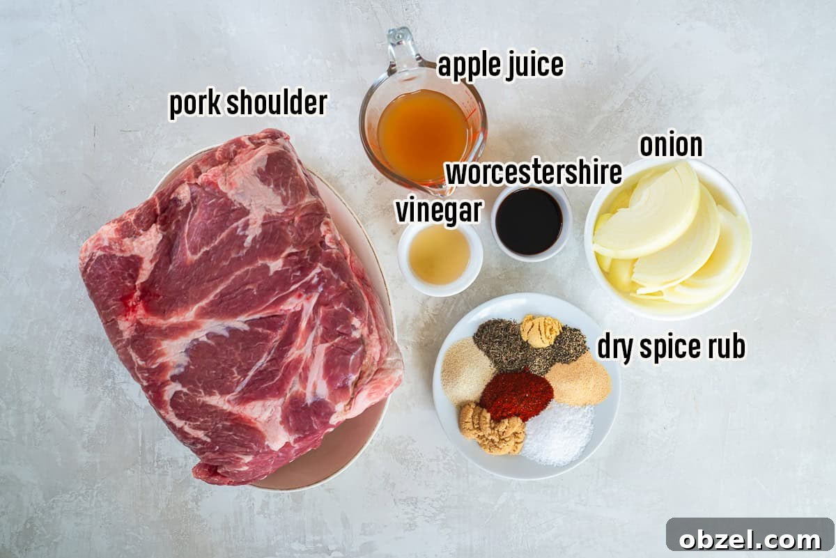 Slow Cooker Pulled Pork Recipe 3 Ingredients for slow cooker pulled pork including pork shoulder, sliced onion, apple juice, Worcestershire sauce, vinegar, and dry spice rub.