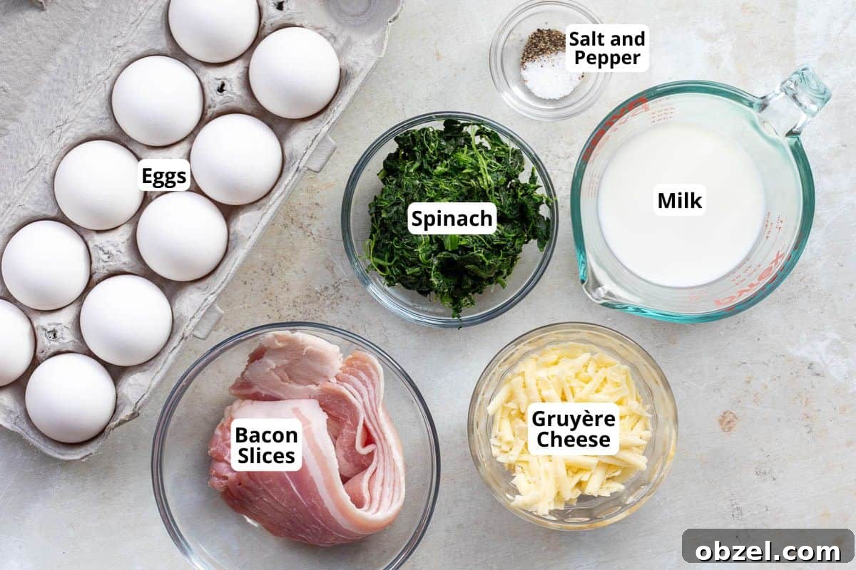 Mini Spinach Egg Bites: Oven-Baked Breakfast Recipe 3 Ingredients for egg bites: eggs, spinach, milk, salt and pepper, bacon slices, and grated Gruyère cheese in various containers.