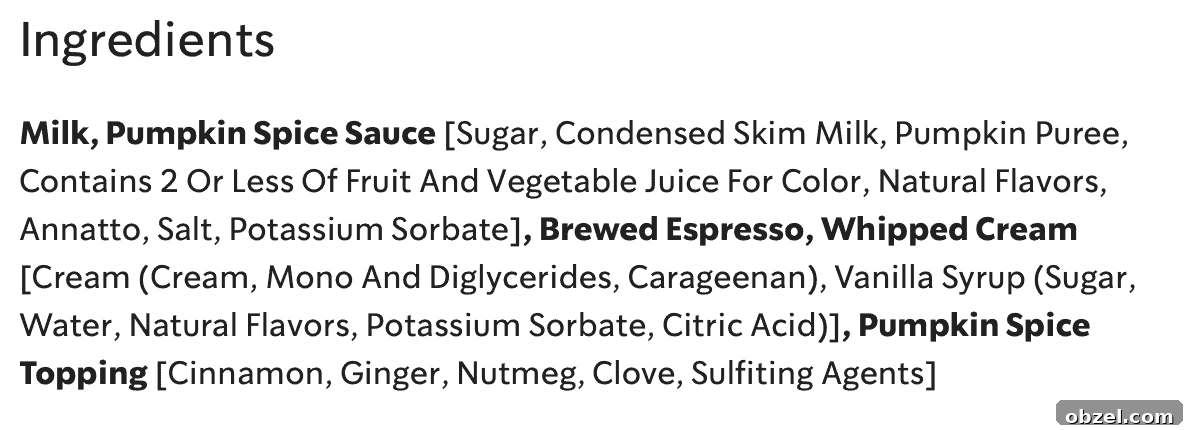 Screenshot of the pumpkin spice latte ingredients from Starbucks website.