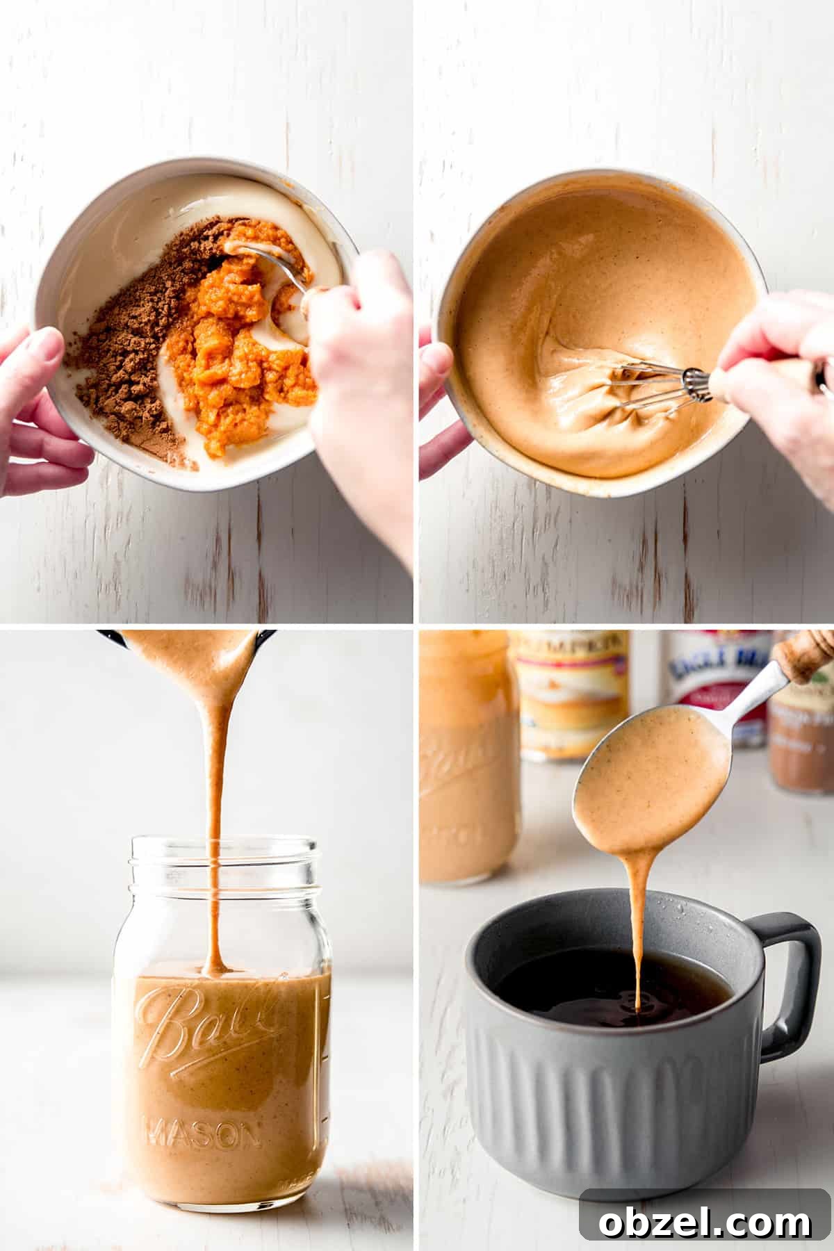 Stirring the ingredients for the sauce together, pouring into a mason jar, drizzling sauce into coffee.