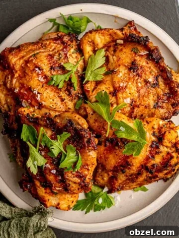 Grilled chicken thighs topped with parsley.