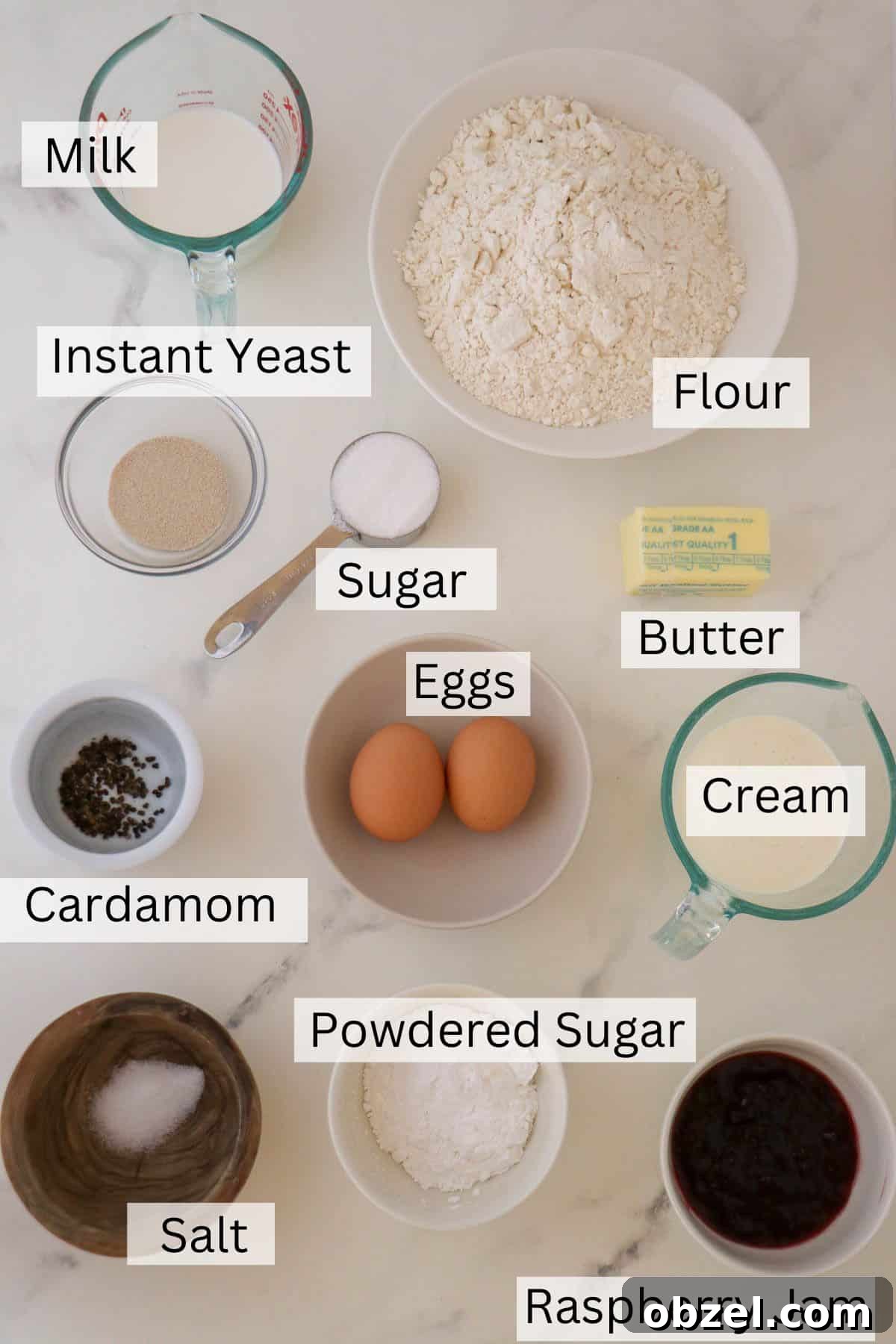 Fastelavnsboller: Norwegian Lenten Buns Recipe 3 Labeled ingredients for Fastelavnsboller (Norwegian Lenten Buns).
