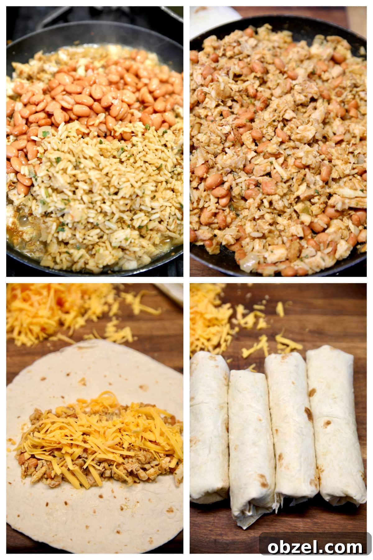 Chicken burritos with rice and beans. Making chicken burritos with rice, beans and cheese.