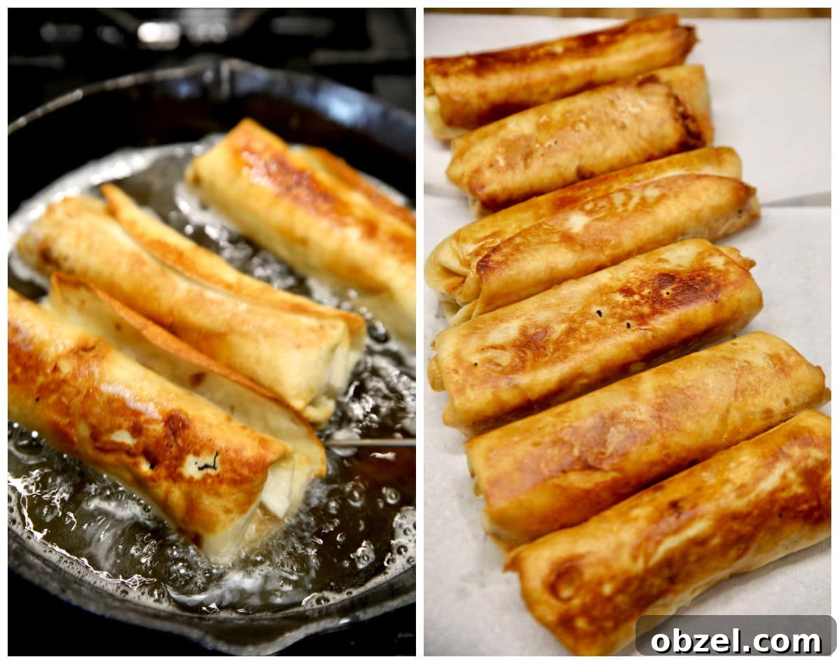 Crispy Fried Chicken Burritos with Creamy Slaw 3 Collage frying burritos in a skillet and draining on paper towels.