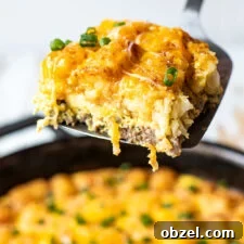 Tater Tot Breakfast Casserole with Eggs and Sausage 10 Serving of tater tot breakfast casserole.