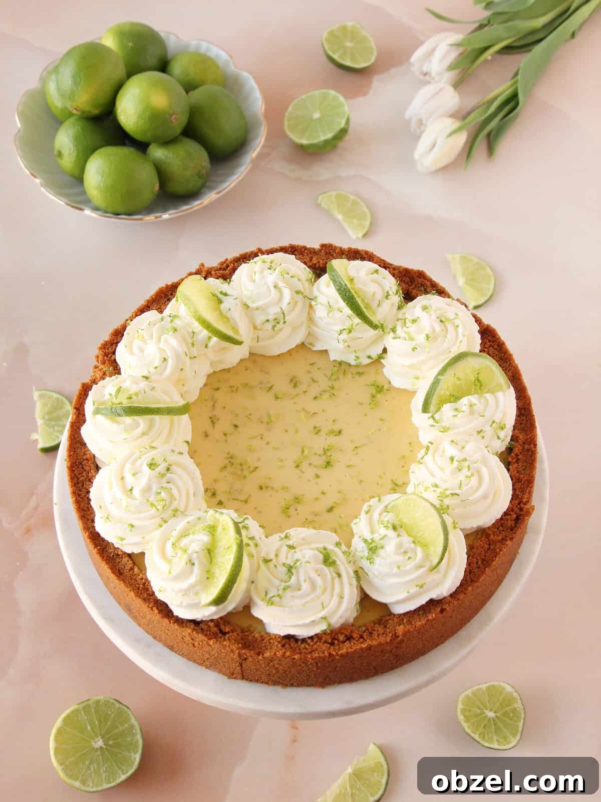 Key Lime Pie Recipe with Graham Cracker Crust 2 Keylime pie beautifully decorated with whipped cream swirls, lime wedge and lime zest on pink marble background.