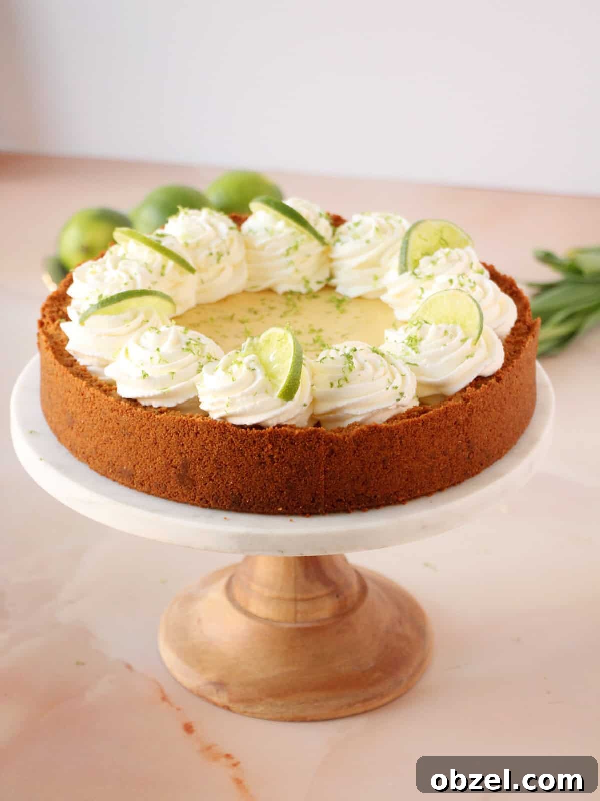 Key Lime Pie Recipe with Graham Cracker Crust 3 Beautiful key lime pie on cake stand, decorated with swirls of whipped cream, wedges of limes and lime zest. All on beautiful pink marble background.