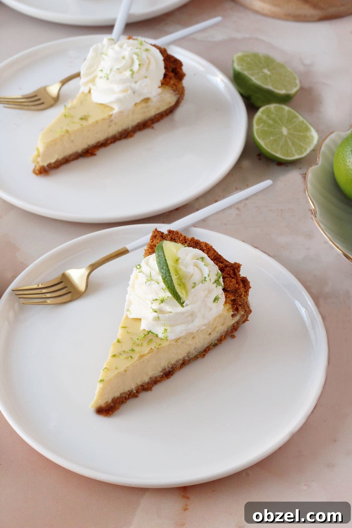 Key Lime Pie Recipe with Graham Cracker Crust 5 Slice of keylime pie decorated with swirl of whipped cream, wendge of lime and zest of lime. Placed on white round plate with limes around as decoration on pink marble background.