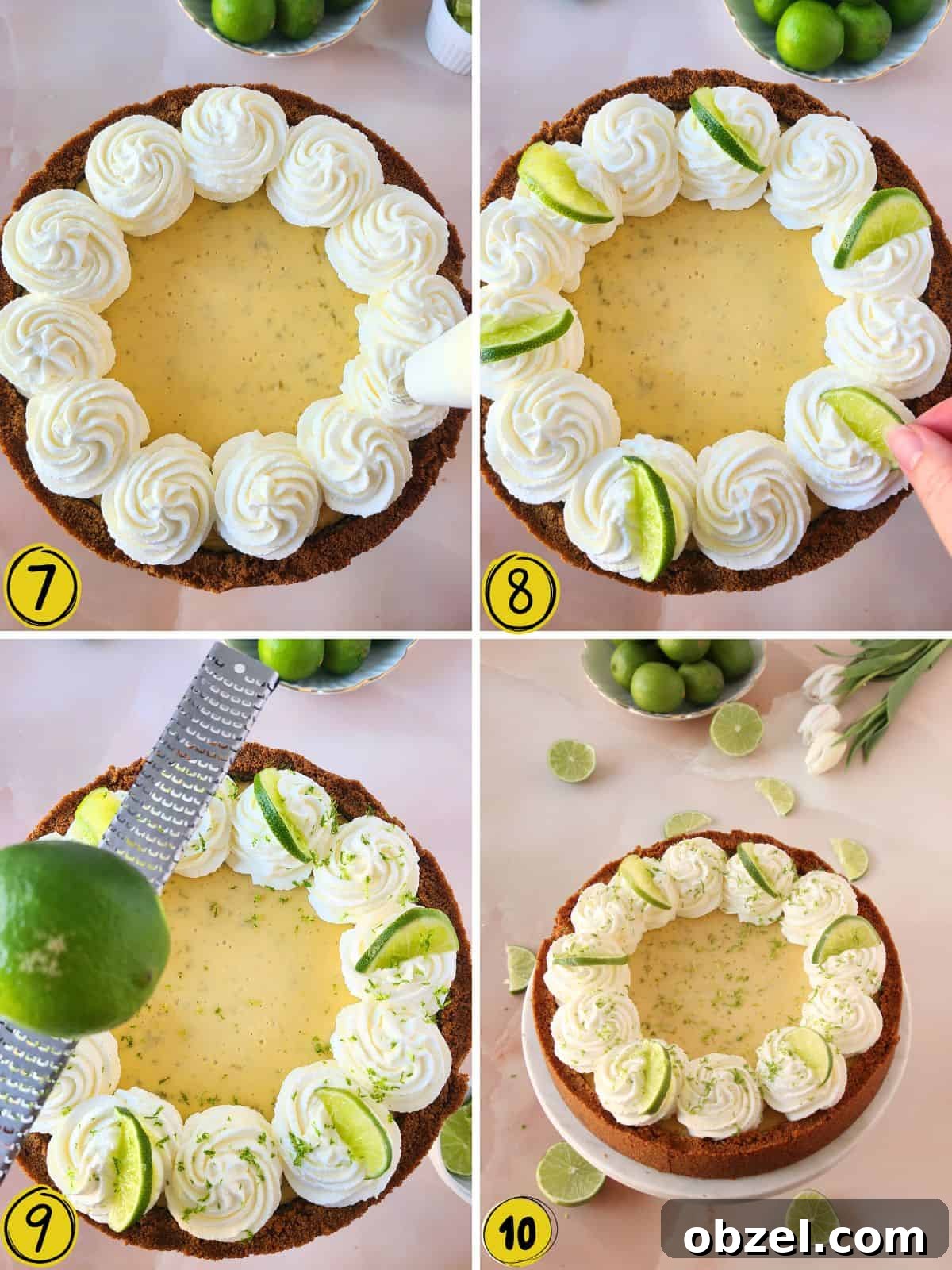 Key Lime Pie Recipe with Graham Cracker Crust 7 Step-by-step on how to decorate key lime pie with whipping cream, lime wedges and lime zest.