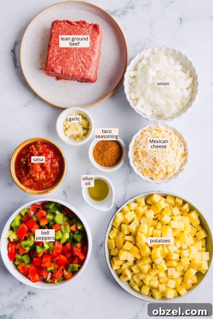 High-Protein Cheesy Taco Potato Casserole 3 Taco potato casserole ingredients on a countertop with labels.