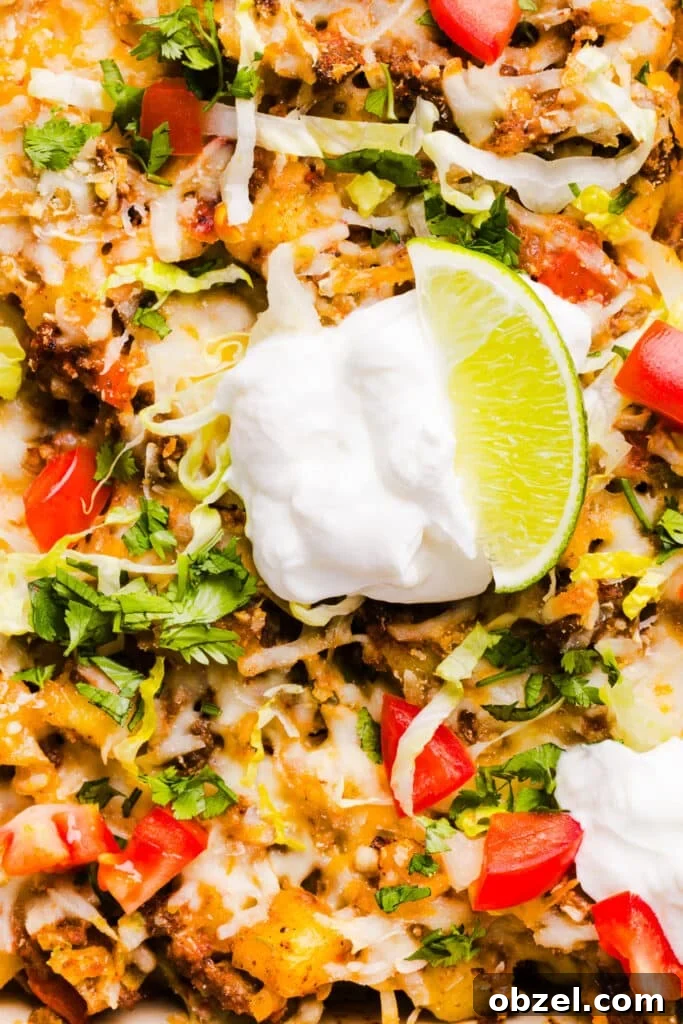 High-Protein Cheesy Taco Potato Casserole 4 A close up shot of taco potato casserole baked in a dish and topped with shredded lettuce, cheese, sour cream, avocado, lime and tomatoes.