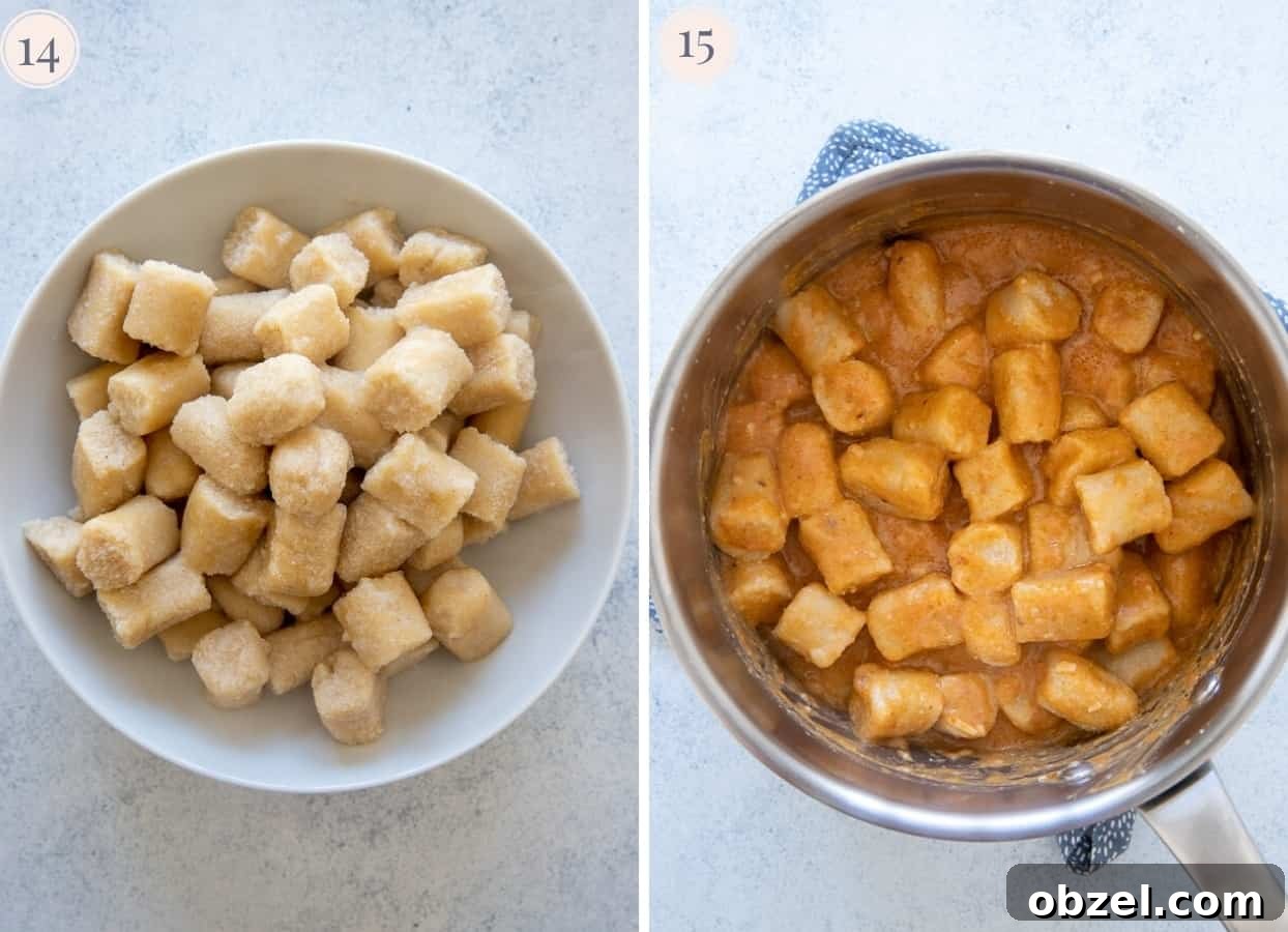 Trader Joes Copycat Cauliflower Gnocchi Recipe 9 cauliflower gnocchi being tossed sun-dried tomato sauce in a pot