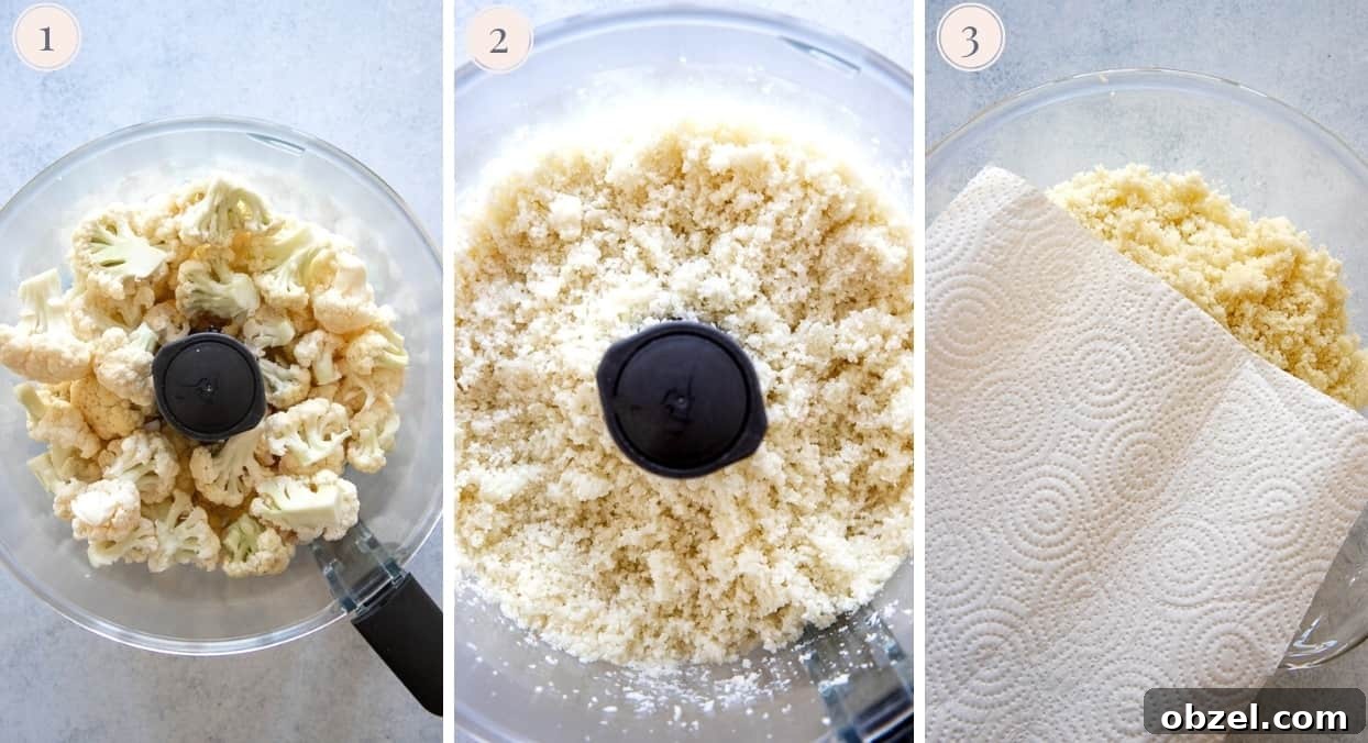 Trader Joes Copycat Cauliflower Gnocchi Recipe 4 picture collage demonstrating how to rice cauliflower to make cauliflower gnocchi recipe
