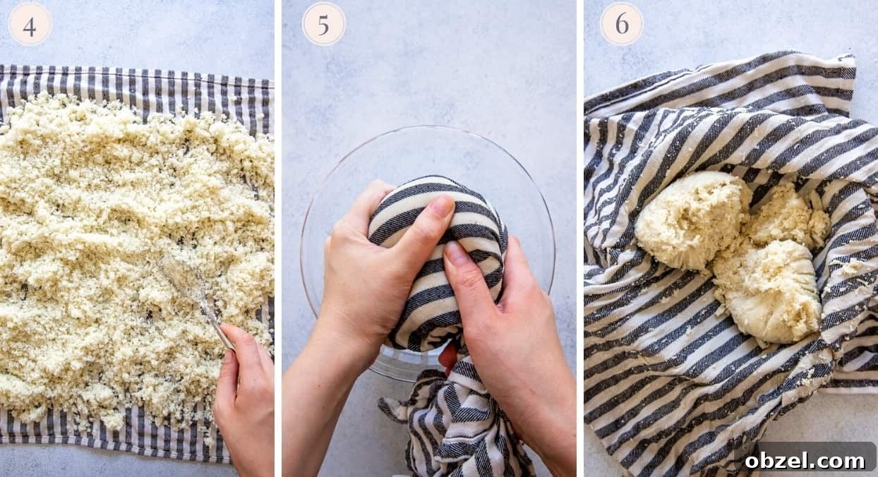 Trader Joes Copycat Cauliflower Gnocchi Recipe 5 cauliflower rice being squeezed dry in a dish towel for gnocchi recipe