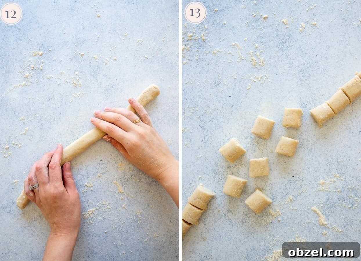 Trader Joes Copycat Cauliflower Gnocchi Recipe 8 picture collage demonstrating how to shape and cut homemade cauliflower gnocchi