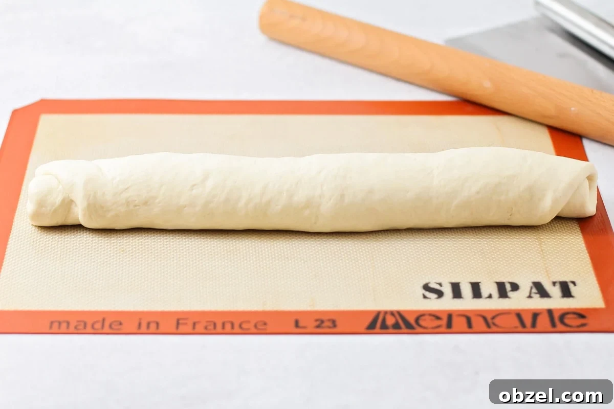 Shaping Italian bread dough into a loaf. Rolling the dough into a log shape.