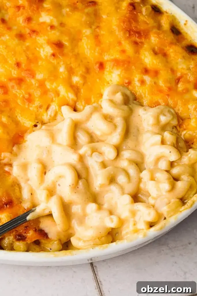 simple mac and cheese recipe without flour close up view of baked mac and cheese with a spoon inserted