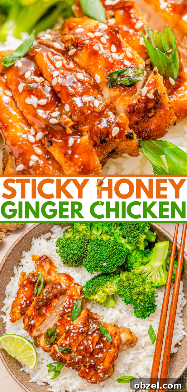 Sticky Honey-Ginger Chicken with Soy Glaze 7 Close-up of sticky honey ginger chicken garnished with sesame seeds and green onions, served over white rice with broccoli, shown from two angles with chopsticks and a lime wedge.